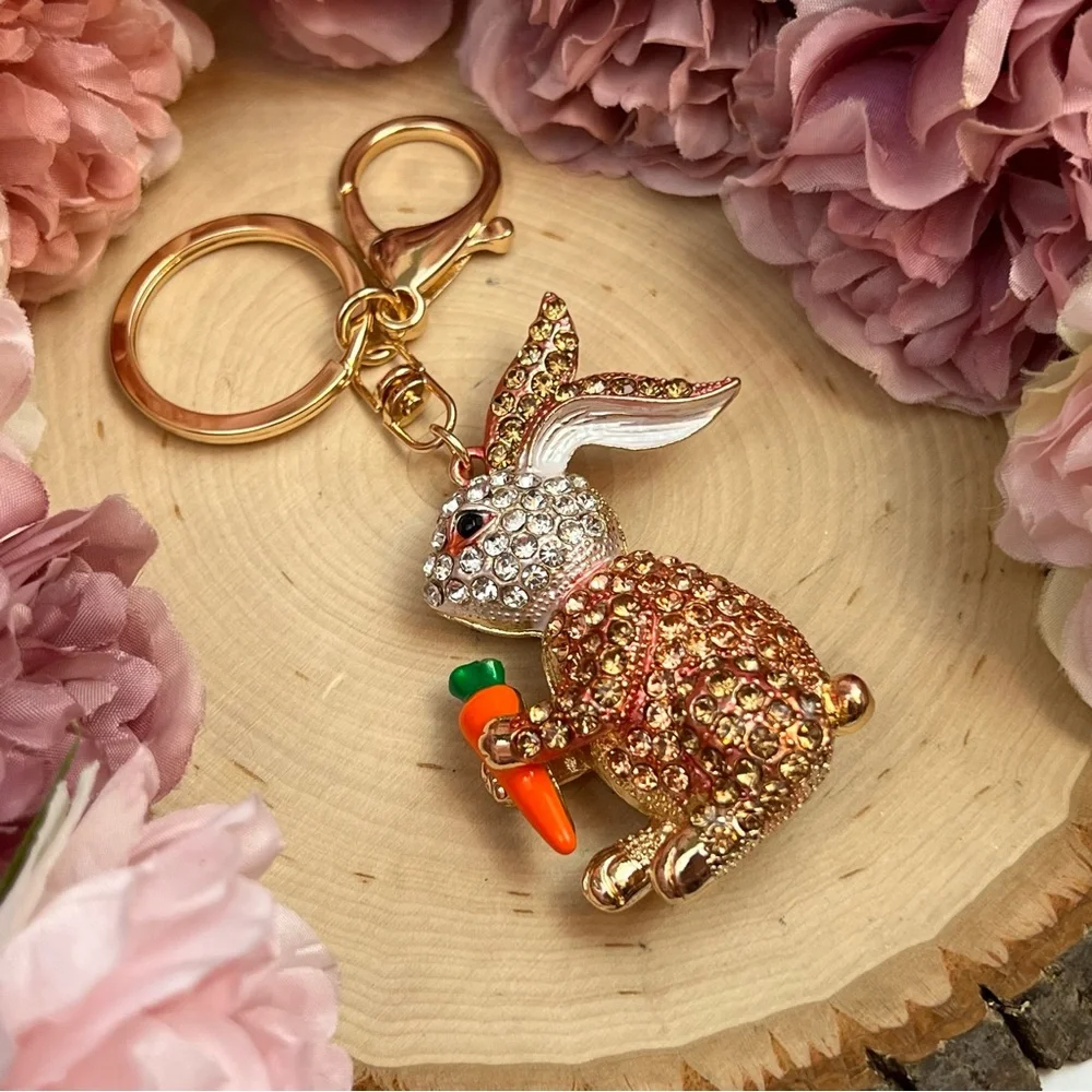 Champagne and Silver Crystal Bunny Rabbit with Carrot Keychain Charm - Picture 5 of 16